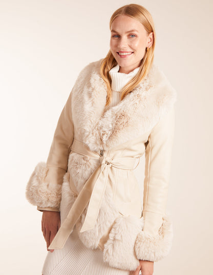 Faux Fur Collar Belted Coat